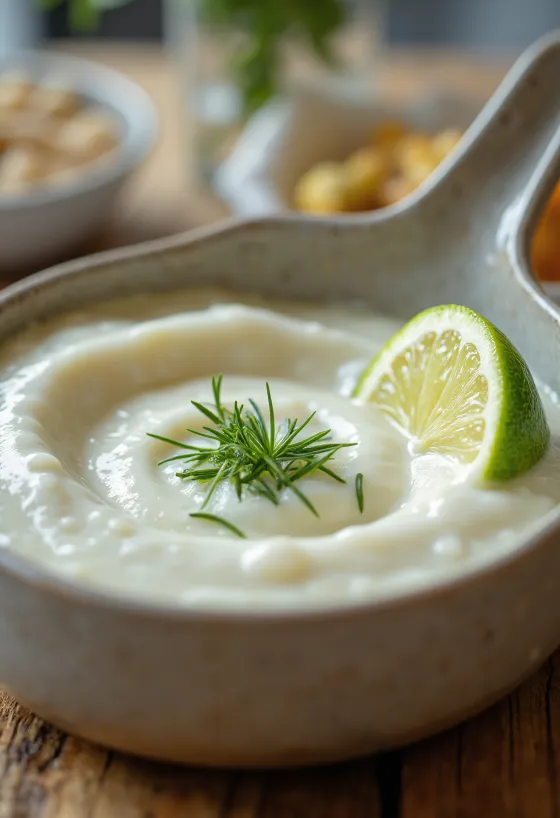Saus krim jeruk nipis rosemary disajikan