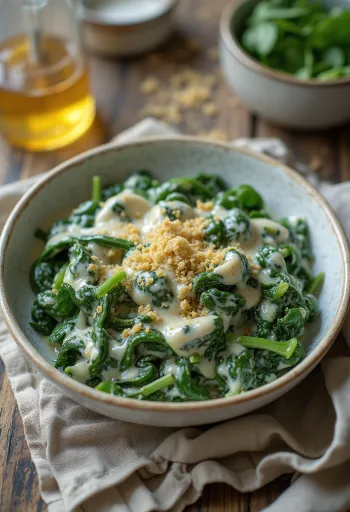 Bayam krim yang lembut baru dimasak, disajikan di piring putih.