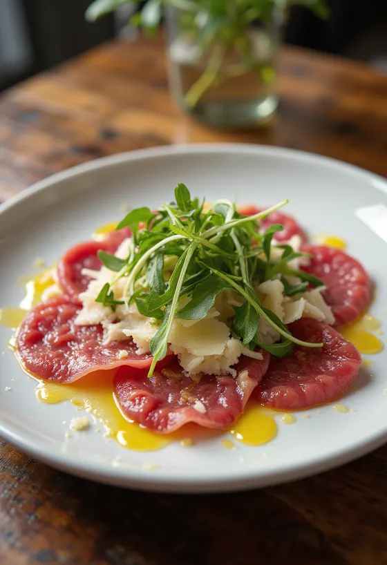 Carpaccio tenderloin sapi disajikan dengan rukkola dan parmesan
