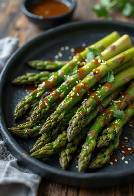 Asparagus panggang dengan saus wijen disajikan