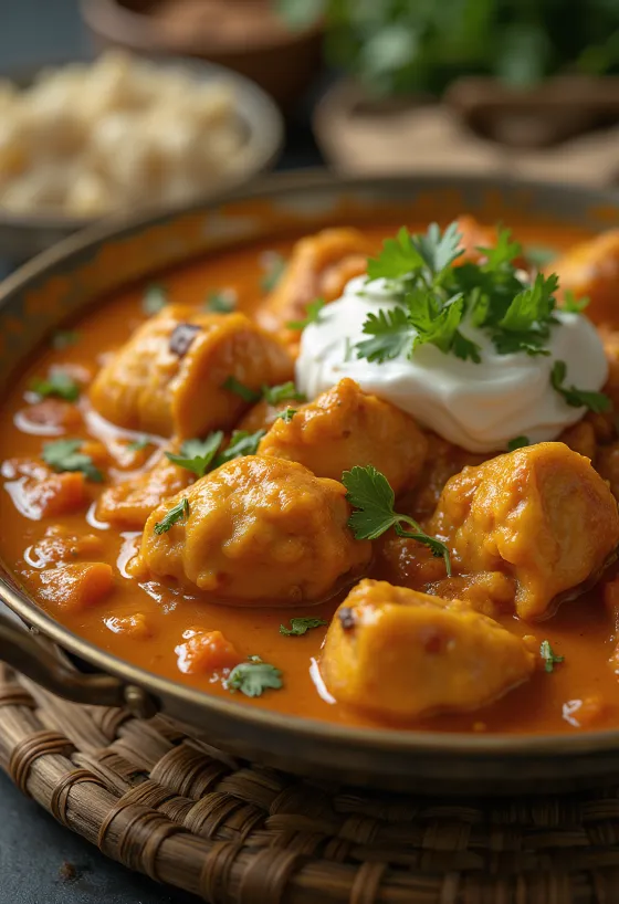 Ayam tikka masala dalam saus tomat creamy, dihiasi dengan ketumbar segar