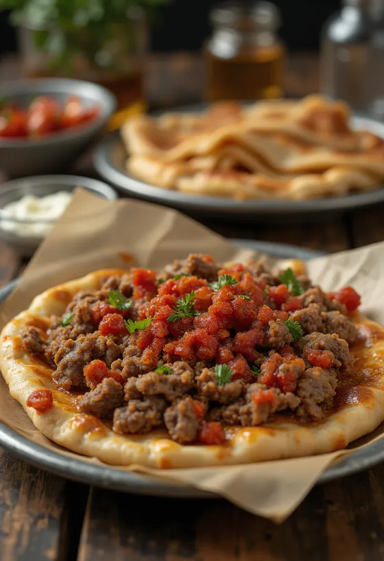 Lahmacun berbumbu, disajikan dengan adonan segar dan isian daging berempah