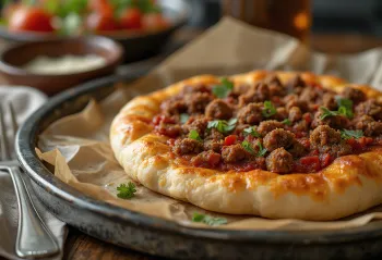 Lahmacun berbumbu, disajikan dengan adonan segar dan isian daging berempah
