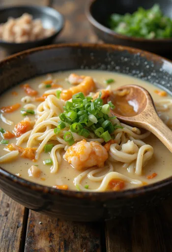Nagasaki champon dengan kaldu susu kental, makanan laut, dan sayuran
