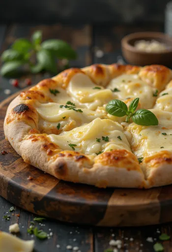 Pizza ai Formaggi disajikan dengan aneka keju dan basil segar