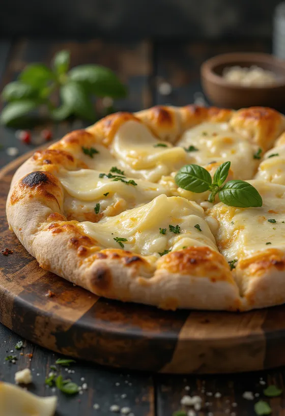 Pizza ai Formaggi disajikan dengan aneka keju dan basil segar