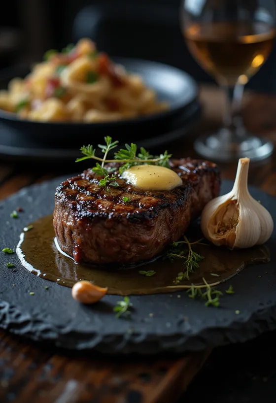 Rib eye steak dipanggang cokelat keemasan, disajikan dengan rempah segar dan mentega