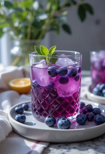 Es teh blueberry disajikan dalam gelas