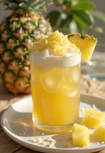 Cider nanas-kelapa disajikan dalam gelas