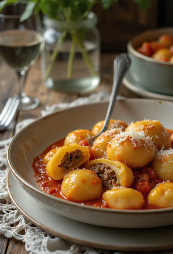 Gnocchi isi daging disajikan