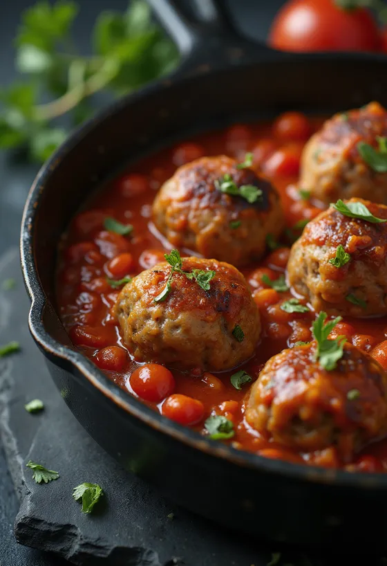 Bola daging disajikan dalam saus tomat