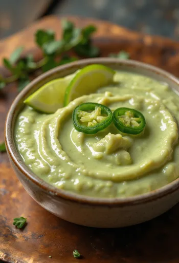 Saus jeruk nipis jalapeño dalam mangkuk, dihiasi dengan irisan jeruk nipis dan ketumbar segar.