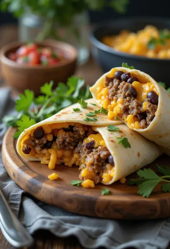Burrito Meksiko dalam gulungan tortilla, diisi dengan nasi, kacang, dan daging sapi
