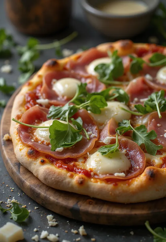 Pizza al Prosciutto Crudo disajikan dengan daging sapi kering dan arugula
