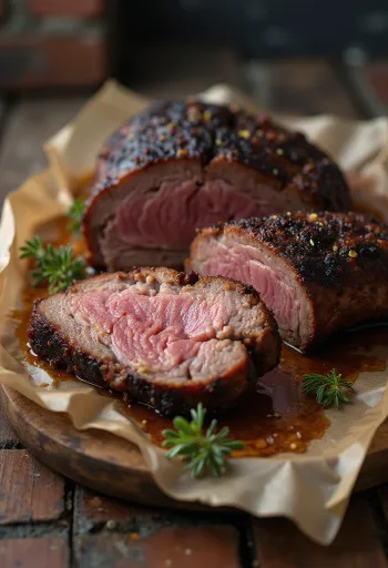 Brisket asap disajikan dalam irisan tipis dengan saus barbekyu dan pelengkap