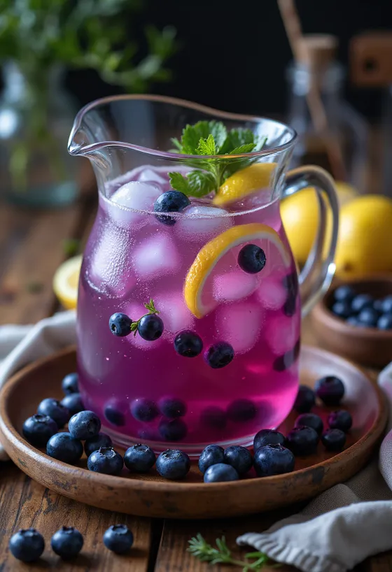 Limonade blueberry disajikan dingin dalam gelas dengan es batu dan daun mint