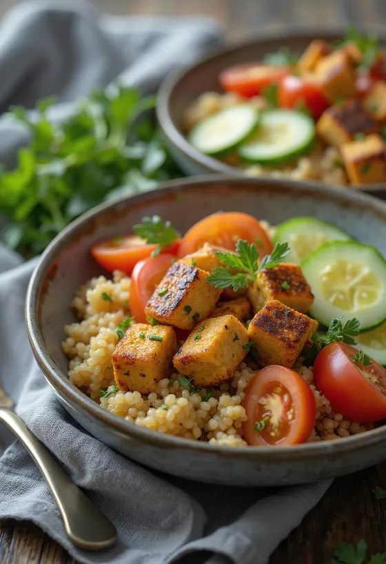 Tahu bakar disajikan dengan salad quinoa