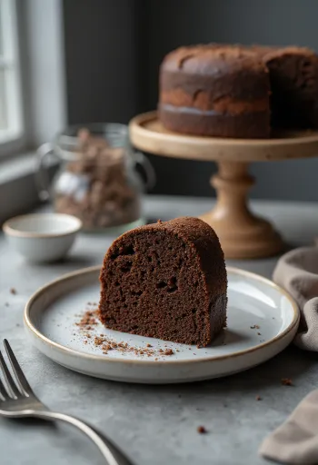 Bolu cokelat lembut dan ringan, ditaburi gula halus dan dipotong-potong.
