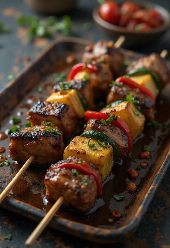 Sate kanguru dengan saus cabai disajikan di atas piring pedesaan.