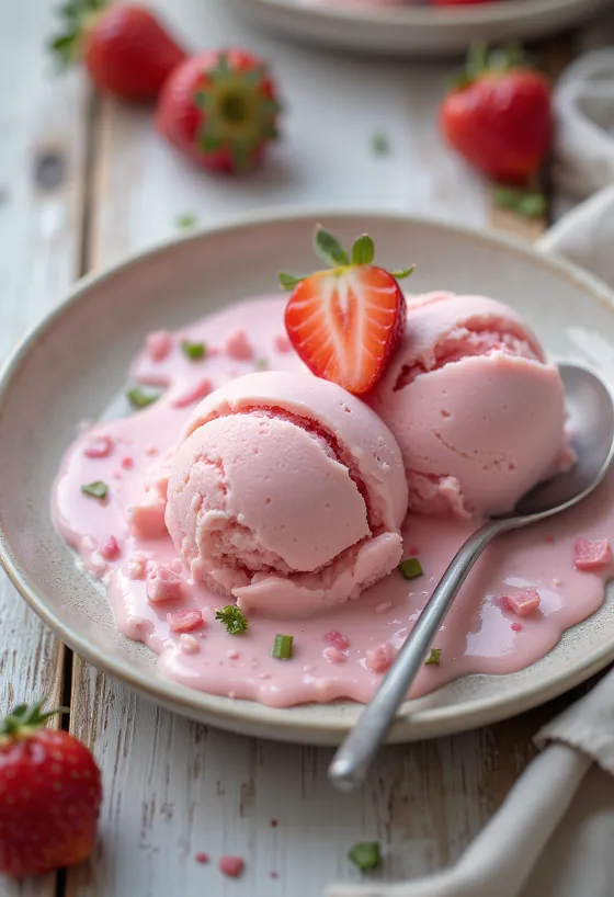Es krim stroberi mint disajikan dalam mangkuk