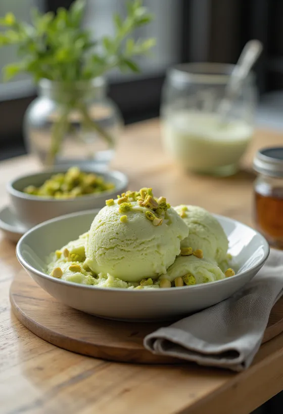 Es krim susu pistachio creamy disajikan