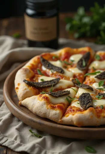 Pizza truffle disajikan dengan mozzarella dan keju parmesan