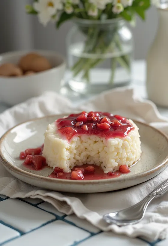 Kue puding beras dengan buah segar dan selai buah
