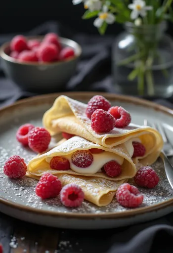 Pancake vanila raspberry disajikan