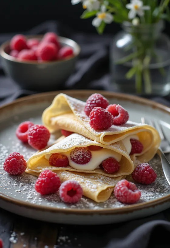 Pancake vanila raspberry disajikan