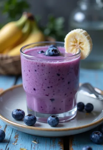 Smoothie blueberry kental disajikan dalam gelas bening