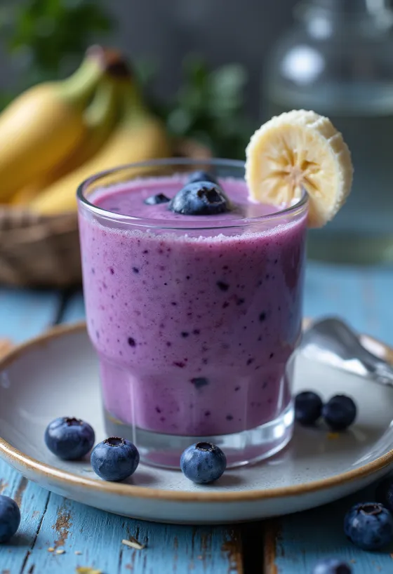 Smoothie blueberry kental disajikan dalam gelas bening