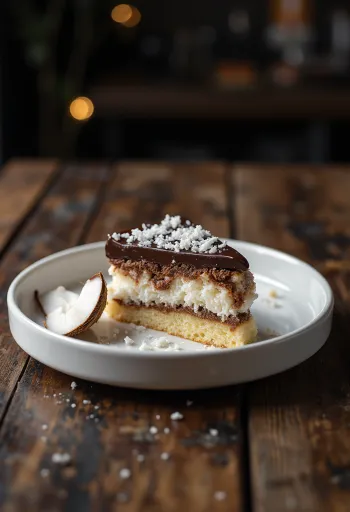Kue Bounty dihiasi dengan lapisan cokelat dan parutan kelapa