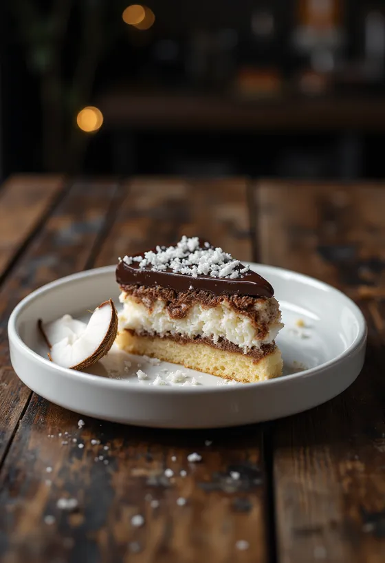 Kue Bounty dihiasi dengan lapisan cokelat dan parutan kelapa