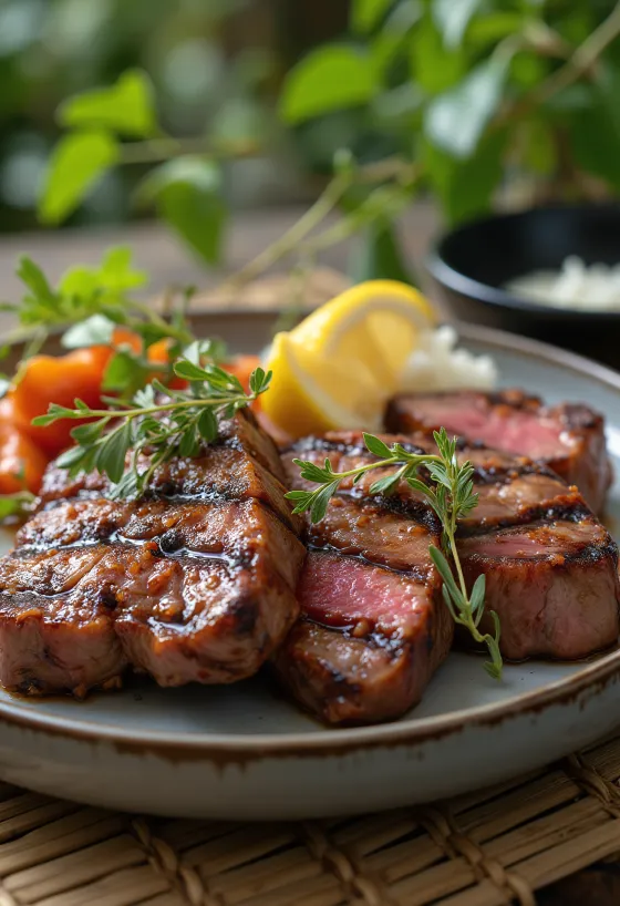 Steak emu bakar disajikan di piring rustik