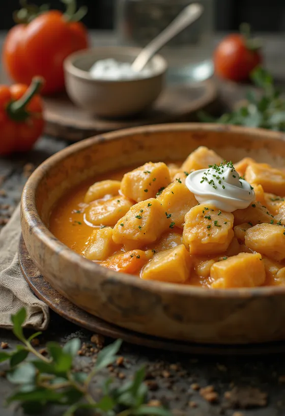 Paprikash ikan lele disajikan dengan pasta keju cottage