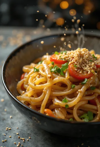 Mie japchae mengilap dengan aroma minyak wijen