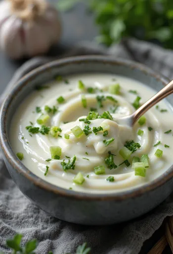 Saus krim asam bawang putih dill dalam mangkuk, dihiasi dengan dill segar dan lemon.
