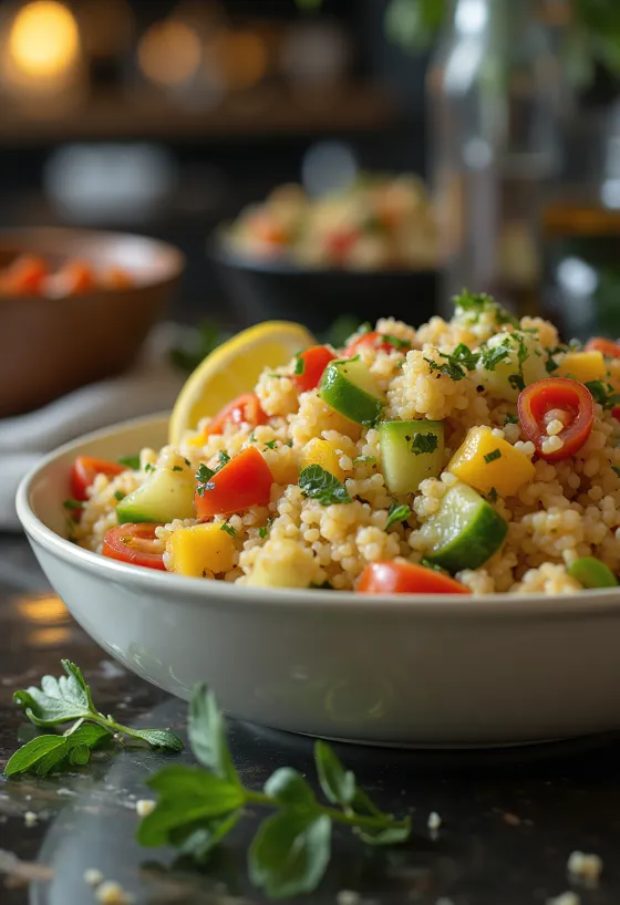 Salad couscous segar disajikan dengan sayuran berwarna-warni dan rempah-rempah.