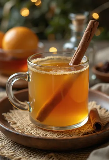 Minuman punch madu karamel dihiasi dengan irisan jeruk dan batang kayu manis