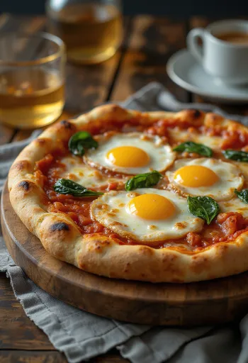 Pizza alla Bismark disajikan dengan telur segar dan bayam