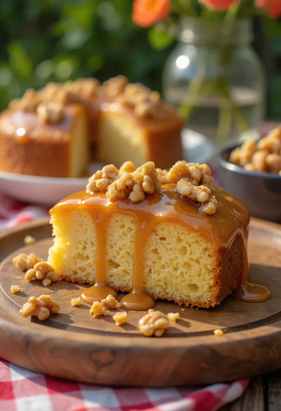Kue karamel renyah dihiasi dengan kacang kenari panggang