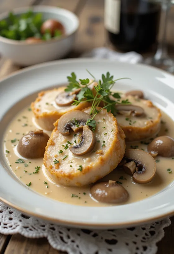 Tenderloin sapi dengan saus jamur disajikan