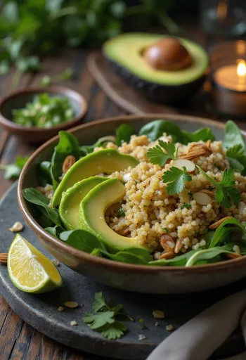 Mangkuk Buddha quinoa alpukat dengan jeruk nipis