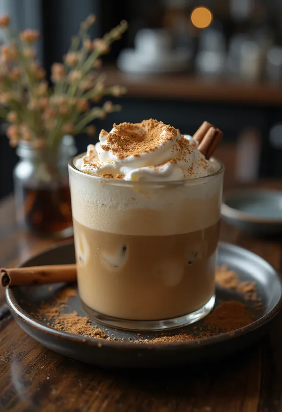 Minuman kopi frappe kayu manis mint dihiasi dengan krim kocok, batang kayu manis, dan daun mint