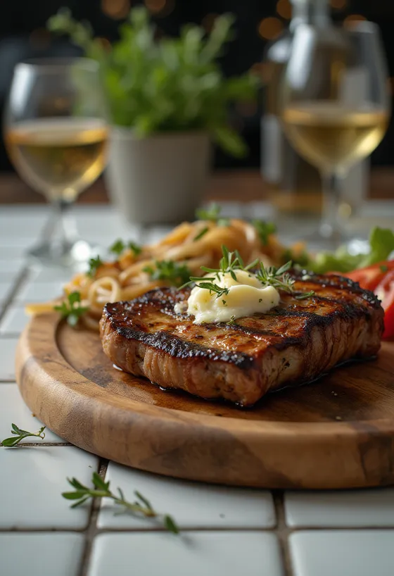 Filet kanguru bakar disajikan dengan sayuran panggang