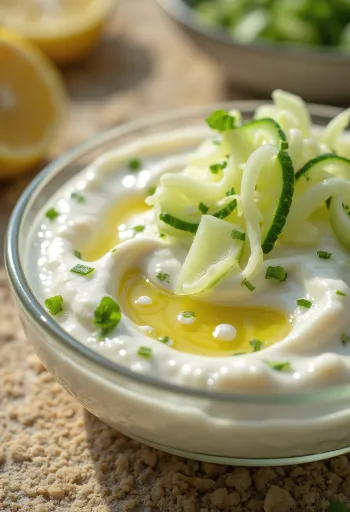 Saus krim asam mentimun dill dalam mangkuk, dihiasi dengan dill dan mentimun.