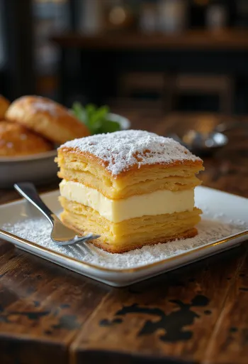 Potongan kue krim ditaburi gula halus di atas piring putih