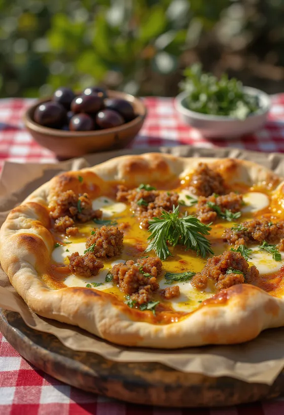 Lahmacun minyak zaitun, disajikan dengan adonan segar dan isian daging berempah