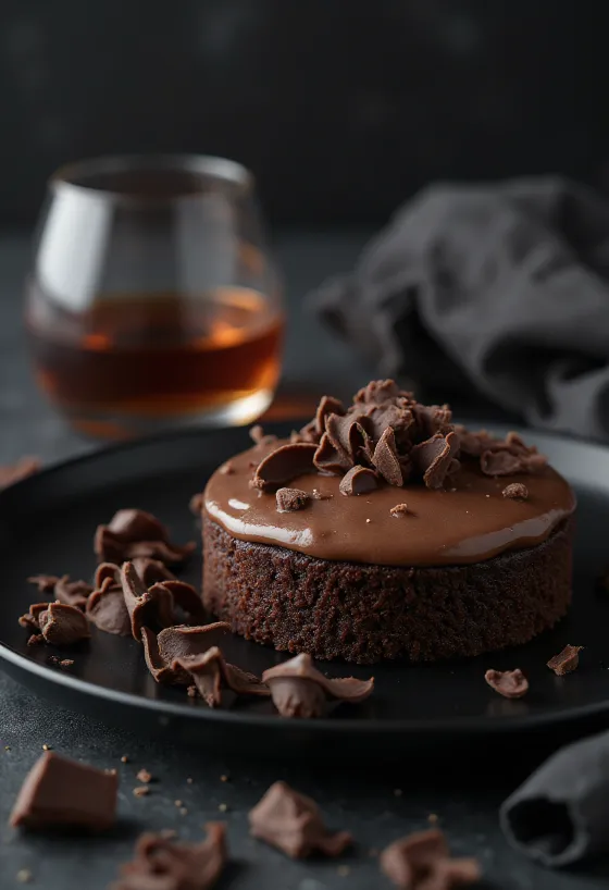 Kue cokelat rum dihiasi dengan serutan cokelat