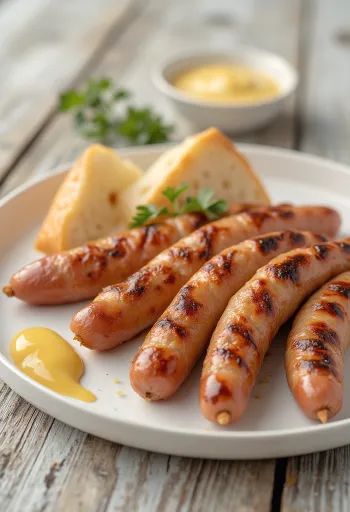 Sosis panggang cokelat keemasan dengan kulit renyah, disajikan dengan mustard dan roti segar